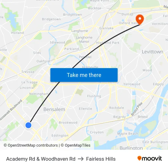 Academy Rd & Woodhaven Rd to Fairless Hills map
