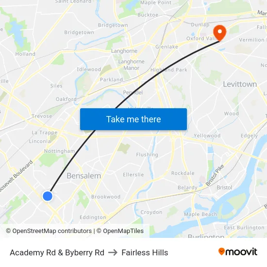 Academy Rd & Byberry Rd to Fairless Hills map