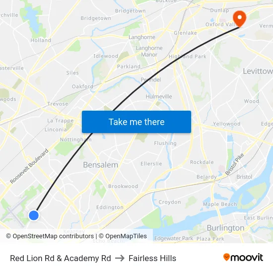 Red Lion Rd & Academy Rd to Fairless Hills map