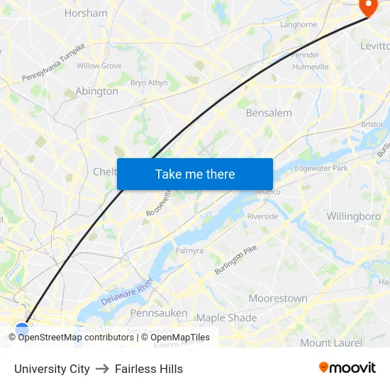 University City to Fairless Hills map