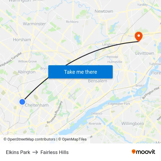 Elkins Park to Fairless Hills map