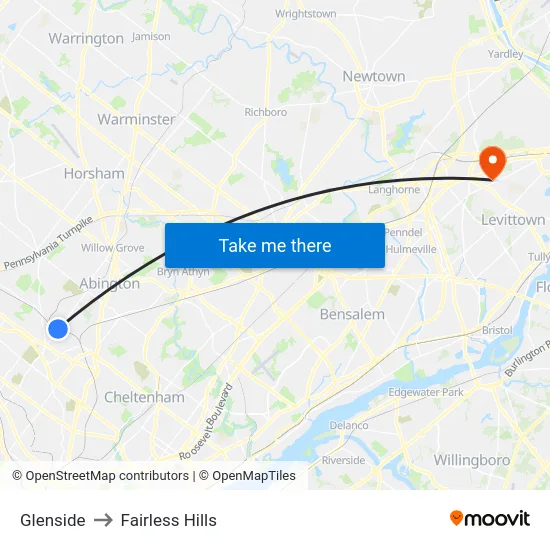 Glenside to Fairless Hills map
