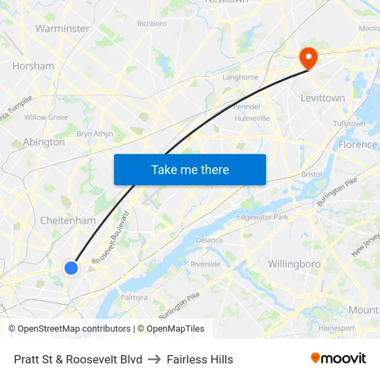 Pratt St & Roosevelt Blvd to Fairless Hills map