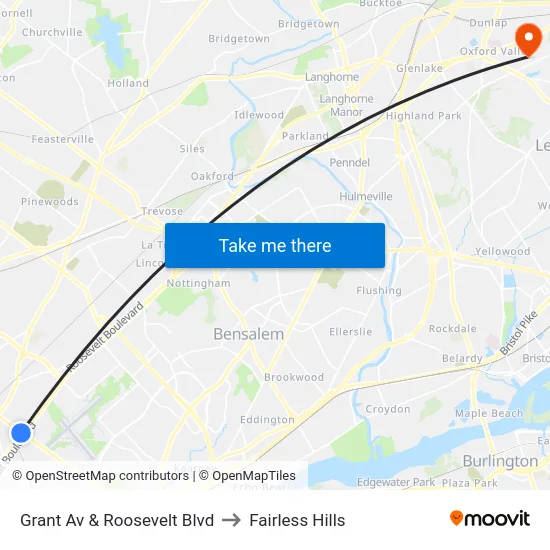 Grant Av & Roosevelt Blvd to Fairless Hills map