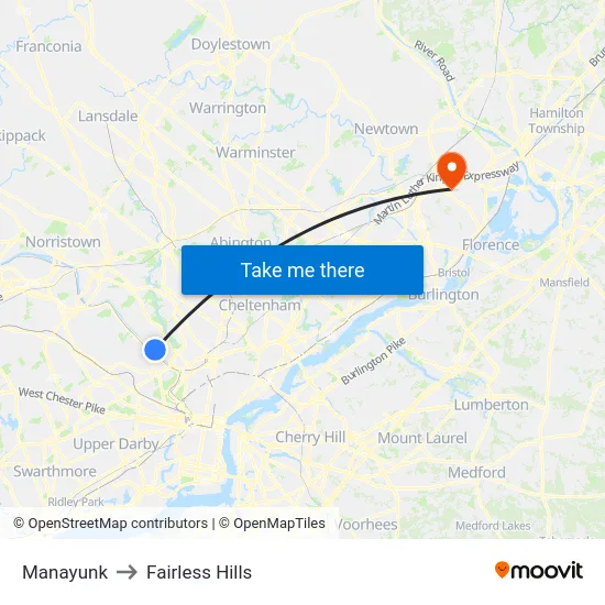 Manayunk to Fairless Hills map