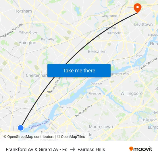Frankford Av & Girard Av - Fs to Fairless Hills map
