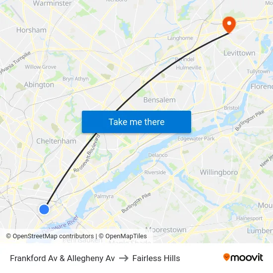 Frankford Av & Allegheny Av to Fairless Hills map