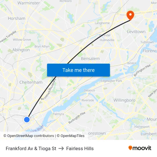Frankford Av & Tioga St to Fairless Hills map