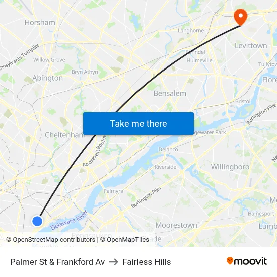 Palmer St & Frankford Av to Fairless Hills map