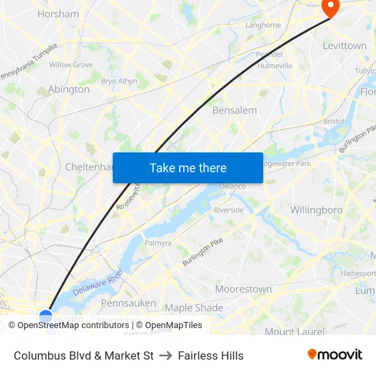 Columbus Blvd & Market St to Fairless Hills map