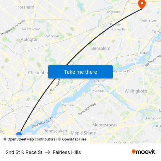 2nd St & Race St to Fairless Hills map