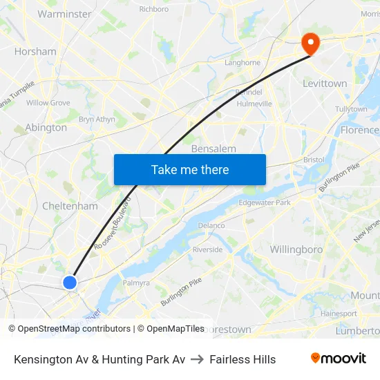 Kensington Av & Hunting Park Av to Fairless Hills map