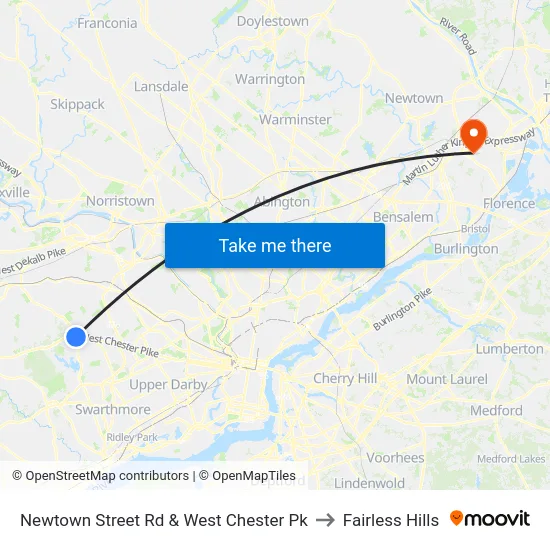 Newtown Street Rd & West Chester Pk to Fairless Hills map