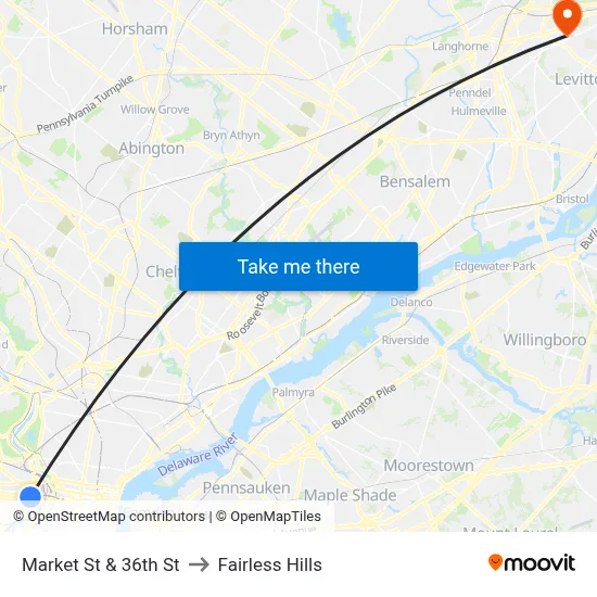 Market St & 36th St to Fairless Hills map
