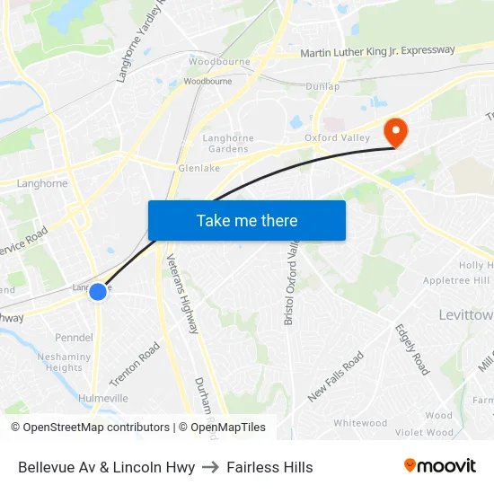 Bellevue Av & Lincoln Hwy to Fairless Hills map