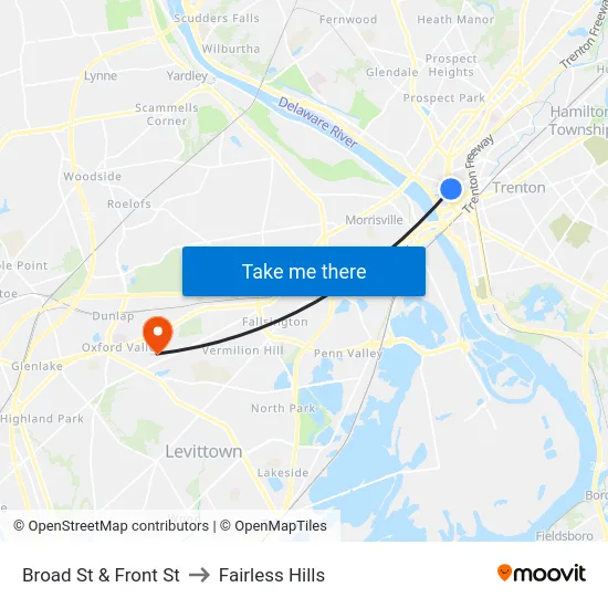 Broad St & Front St to Fairless Hills map