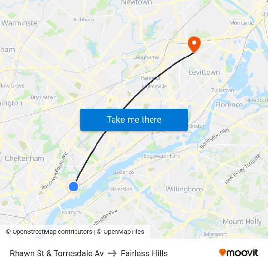 Rhawn St & Torresdale Av to Fairless Hills map