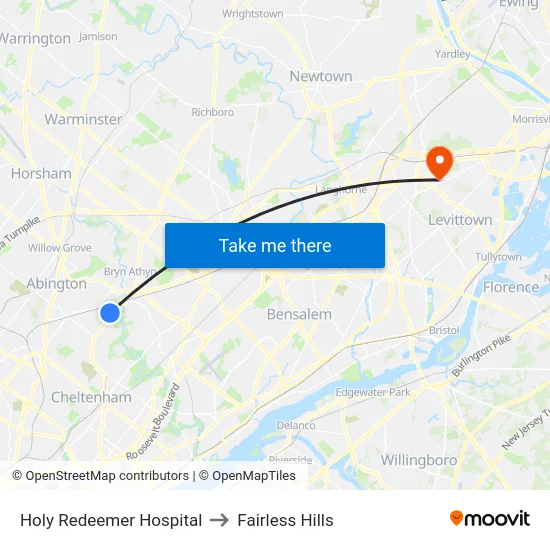 Holy Redeemer Hospital to Fairless Hills map