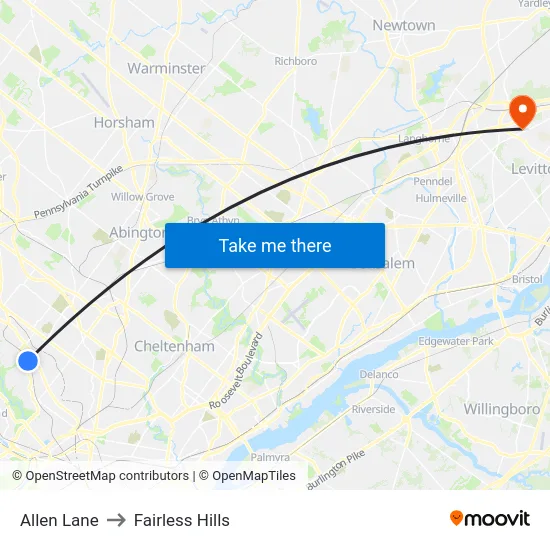 Allen Lane to Fairless Hills map