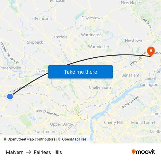 Malvern to Fairless Hills map