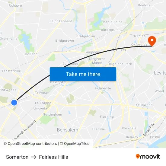 Somerton to Fairless Hills map