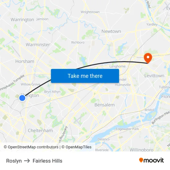 Roslyn to Fairless Hills map