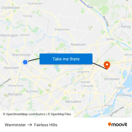 Warminster to Fairless Hills map
