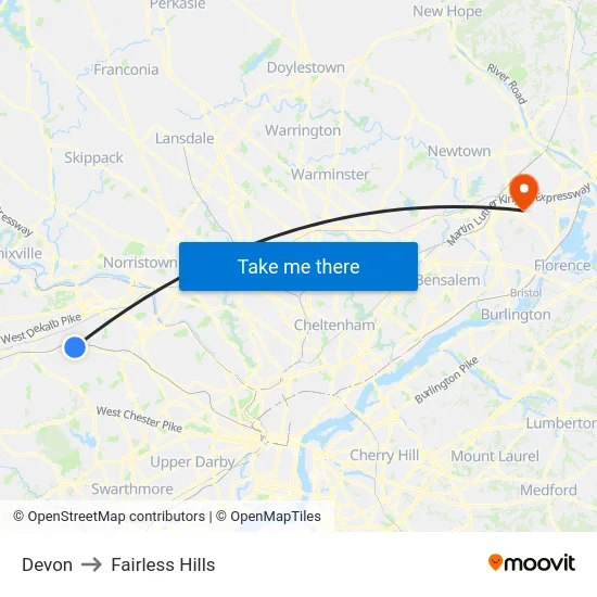 Devon to Fairless Hills map