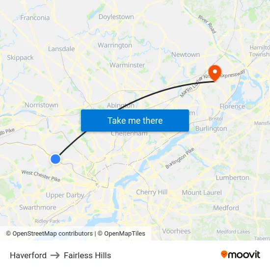 Haverford to Fairless Hills map