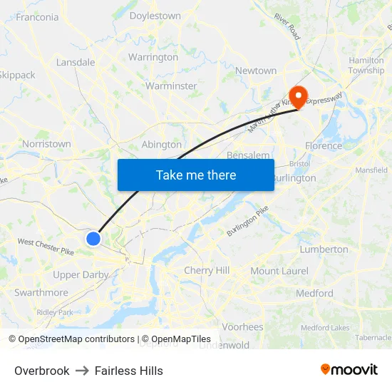 Overbrook to Fairless Hills map