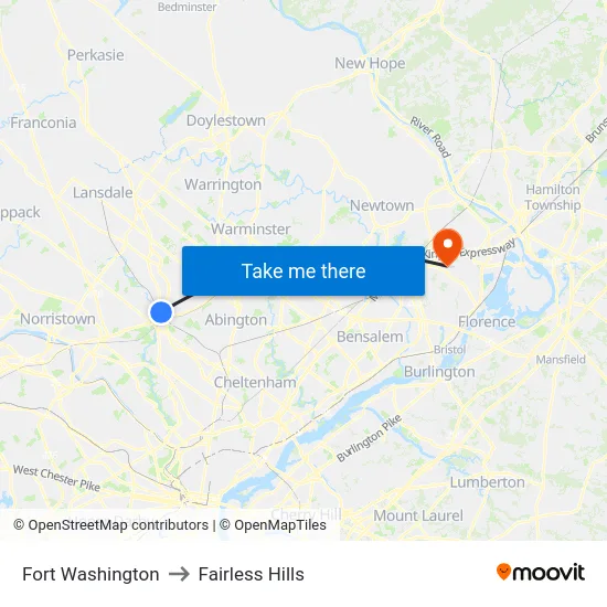 Fort Washington to Fairless Hills map