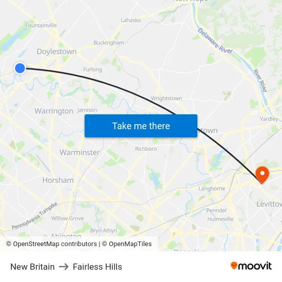 New Britain to Fairless Hills map