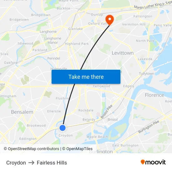 Croydon to Fairless Hills map