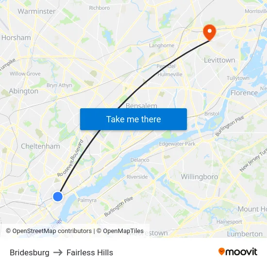Bridesburg to Fairless Hills map