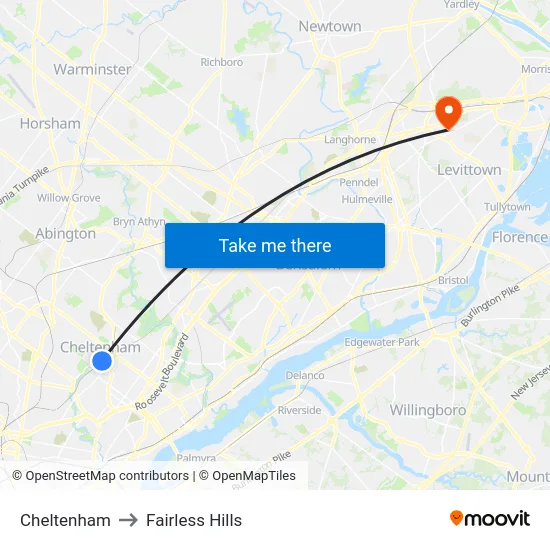 Cheltenham to Fairless Hills map