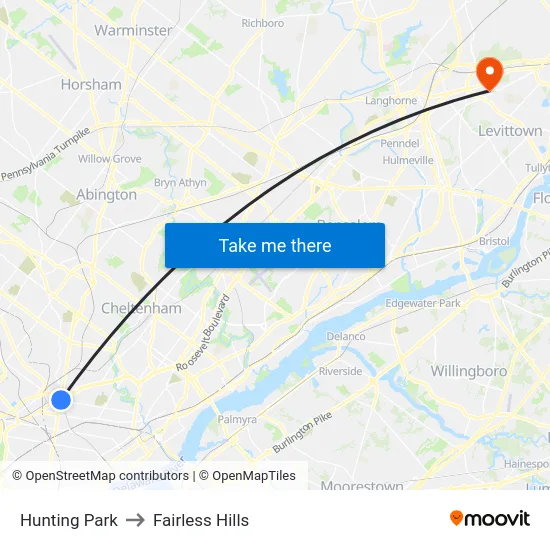 Hunting Park to Fairless Hills map