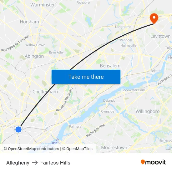 Allegheny to Fairless Hills map