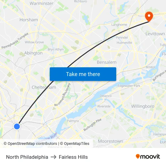North Philadelphia to Fairless Hills map