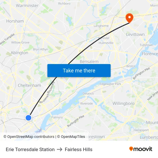 Erie Torresdale Station to Fairless Hills map