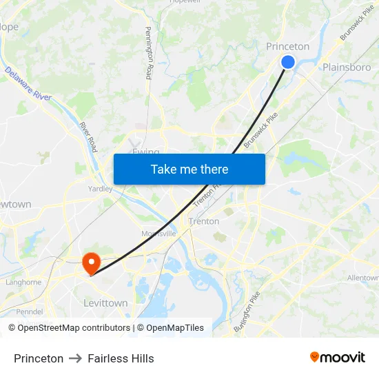 Princeton to Fairless Hills map