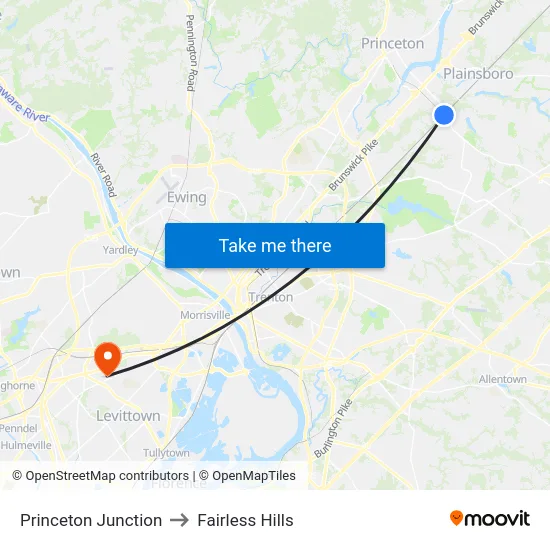 Princeton Junction to Fairless Hills map