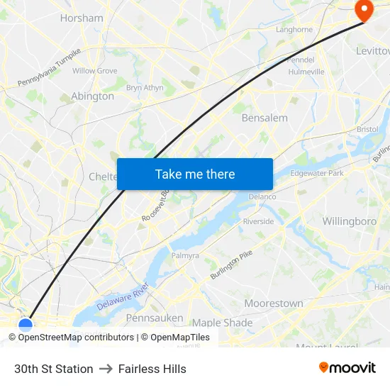 30th St Station to Fairless Hills map