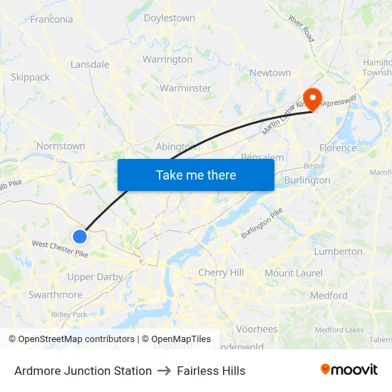 Ardmore Junction Station to Fairless Hills map