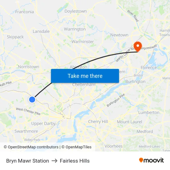 Bryn Mawr Station to Fairless Hills map