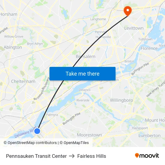 Pennsauken Transit Center to Fairless Hills map