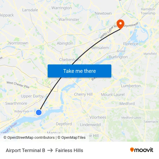 Airport Terminal B to Fairless Hills map