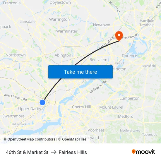 46th St & Market St to Fairless Hills map