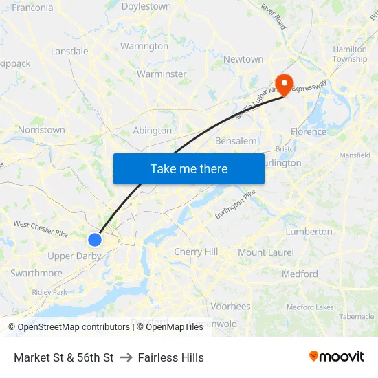 Market St & 56th St to Fairless Hills map