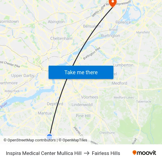 Inspira Medical Center Mullica Hill to Fairless Hills map