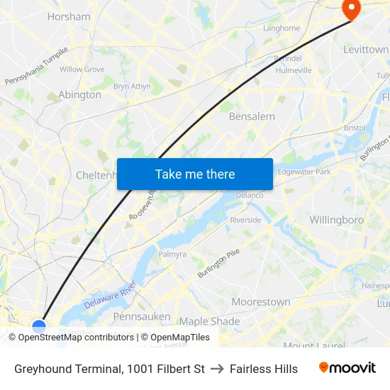 Greyhound Terminal, 1001 Filbert St to Fairless Hills map